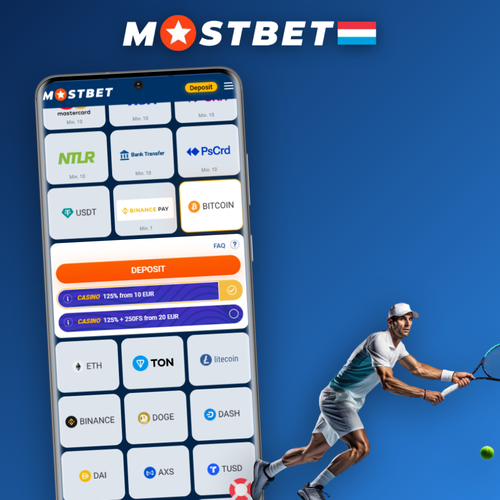 Mostbet dépôt minimum dès 2 EUR affiché sur smartphone avec Visa, Skrill et Bitcoin